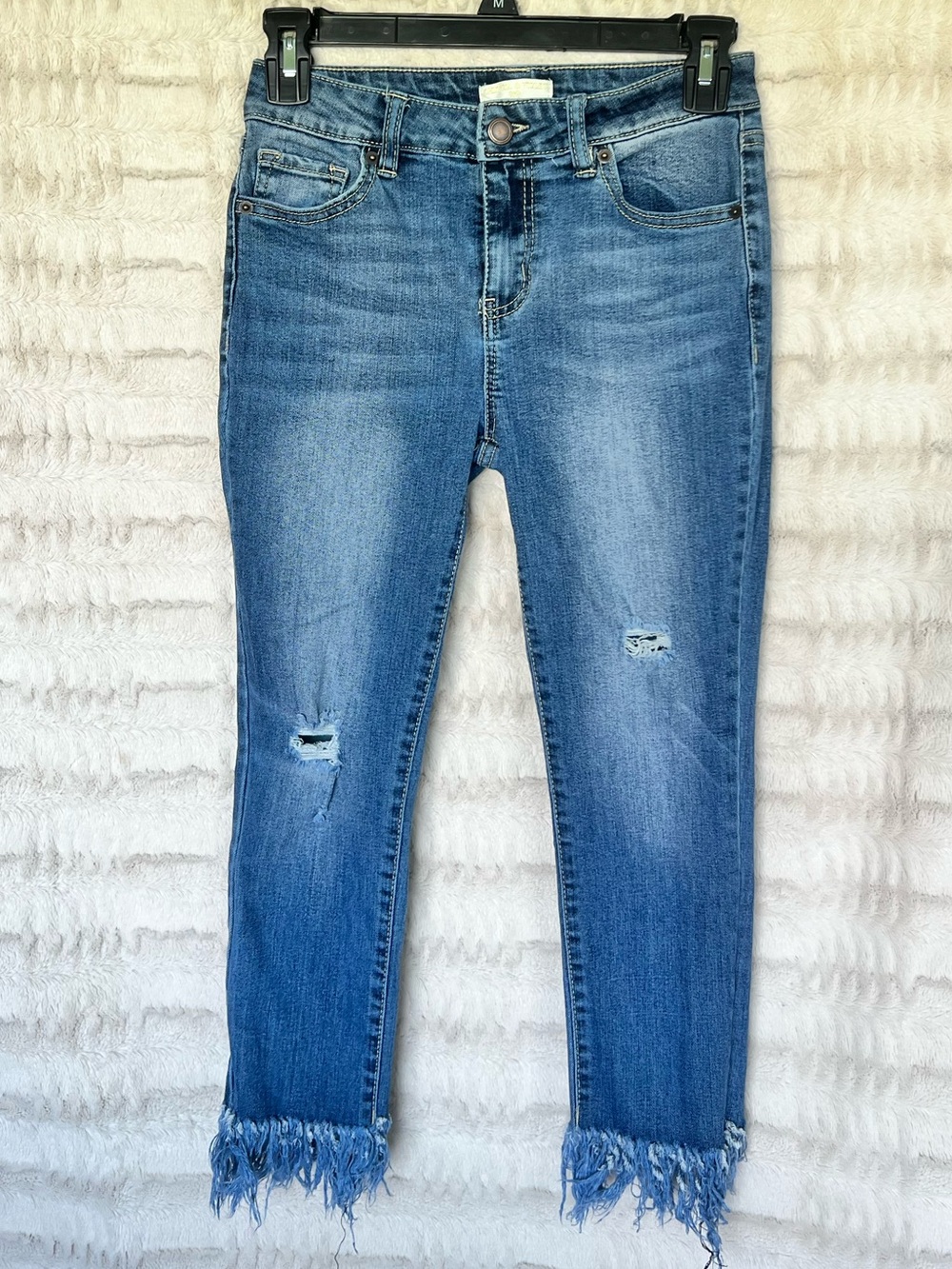 Chelsea & Violet Cropped Distressed Jeans with Fringe Hem